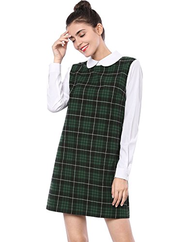Allegra K Women's Contrast Peter Pan Collar Long Sleeve Shift Plaid Dress Green L (US 14)