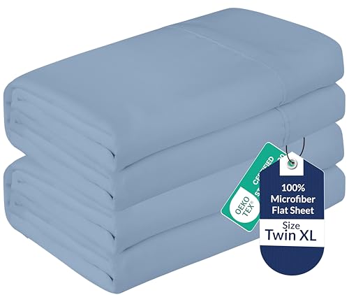 Image of Royale Linens 2 Pack Bulk Flat Sheet Set - Top Sheets - Soft Microfiber - Wrinkle & Stain Resistant - for Hotel, Massage Table, Hospital, Dorm - Twin XL Flat Sheet Sold Separately (Twin Xl, Lake Blue)