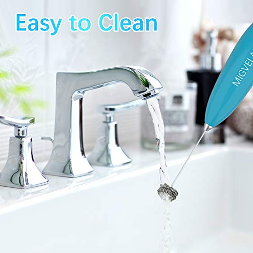 Image of Coffee Milk Frother Handheld Double Whisk Electric Drink Mixer Battery Operated One-Button Hand Held Foam Maker with Stand for Coffee Latte Cappuccino Hot Chocolate (Blue)