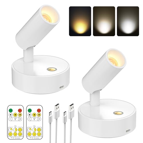 Olafus LED Spotlight Indoor, Rechargeable Battery Uplighting Indoor with Timer?Dimmable Remote, 3CCT Picture Lights for Wall, Wireless Accent Light for Plants Artwork Painting, 2 Pack White