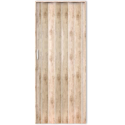 Portango Falttür Eiche Sonoma hell aus Kunststoff I Innen & Außen Komplettset I faltbare Schiebetür kratzfest und pflegeleicht mit Fenster I anpassbare Breite der Falttüren I Modell PT-4 Twist