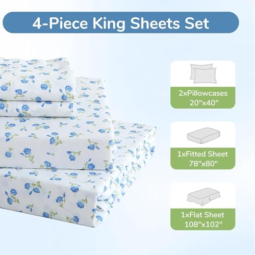 Image of MUXHOMO King Size 4 Piece Sheet Set, Soft Breathable Bed Sheet Set for Bedroom with Deep Pocket Up to 16 inch, Wrinkle-Free & Cooling Bedding for Oeko-TEX Certified - Floral Blue