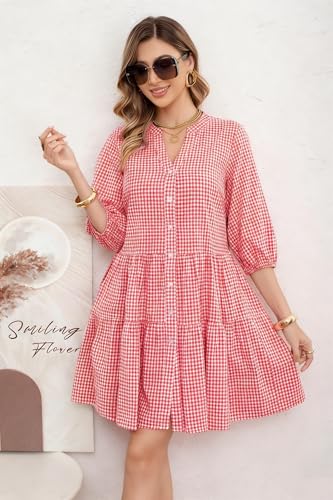 Image of utcoco Women's 2026 Spring Summer Plaid Shirt Dress 3 /4 Puff Sleeve Button Down Loose Casual Midi Dress with Pockets