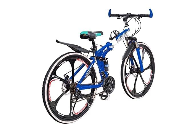 BMV Foldable Cycle | 21-Speed Gear, Dual Disc Brakes, Hydraulic Suspension, 26-Inch Alloy 6 Spoke Mag Wheels, Carbon Steel Frame | Folding Cruiser Bicycle Mountain Bike (Blue)