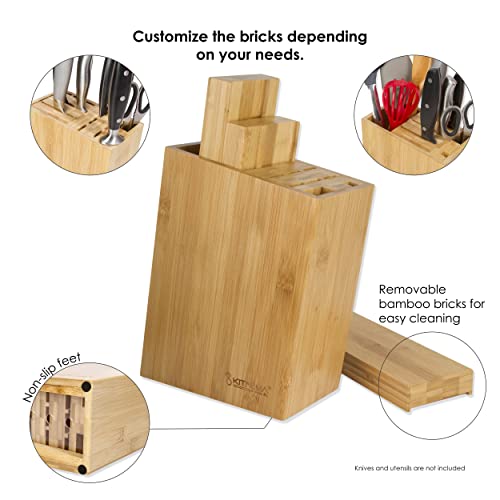 Kitalma 16 Slot Universal Knife Block - Large Bamboo Knife Block Without Knives, Countertop Butcher Block Knife Holder - Washable & Removable Blocks - Space Saving Customizable Cutlery Organizer. #TOP2