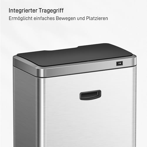 Image of EKO Mirage Rubbish Bin with Sensor, 2 Compartments 2 x 20 L, Automatic Kitchen Rubbish Bin, 2 Plastic Inner Buckets, Soft Closing Lid, Fingerprint-Free, Electric Waste Bin, Matte Stainless Steel
