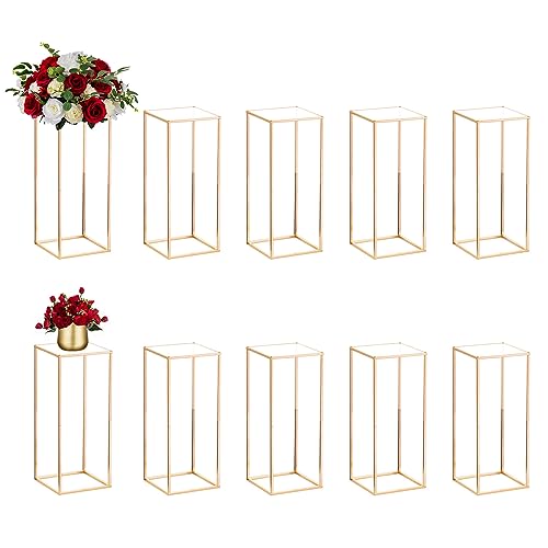 Nuptio Wedding Centerpieces Gold Vases: 10 Pcs 23 inch Tall Flower Stand Metal Floor Vase Column Geometric Centerpiece Stands Rectangular Display Rack for Weddings Party Decoration