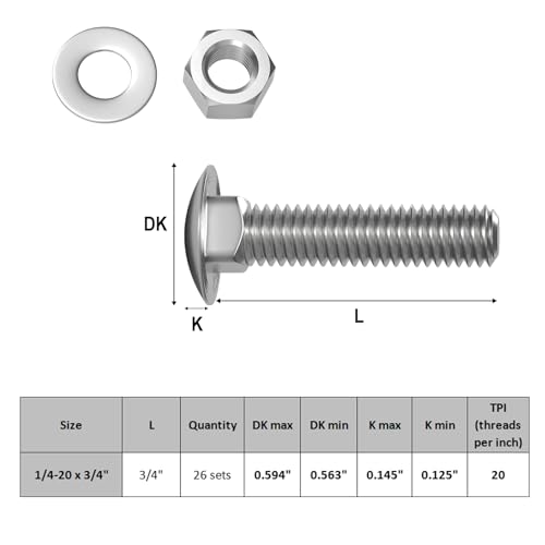 Image of VGBUY 1 /4-20 x 3 /4 inch Carriage Bolts Screws 26 Sets, 304 Stainless Steel 18-8, Round Head Square Neck, Carriage Bolts and Nuts Kit, with Flat Washers
