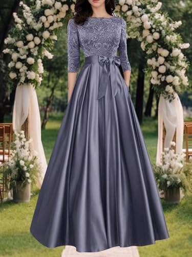 Mother of The Bride Dresses Long Evening Formal Dress Lace Wedding Guest Groom Gowns Applique 3/4 Sleeve Bowknot2