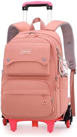 Solid Color Girls Rolling Backpack with Wheels Schoolbag Elementary School Student Trolley Daypack
