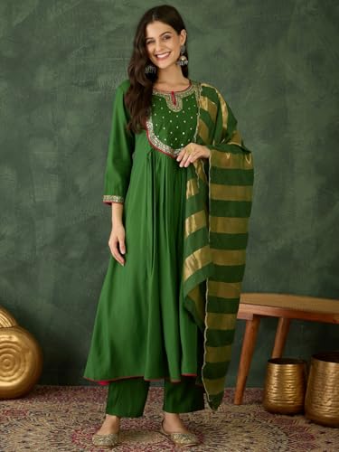 Image of Naixa Women's Chanderi Embroidered Flared Kurta with Pant and Dupatta Sets (NX-762)