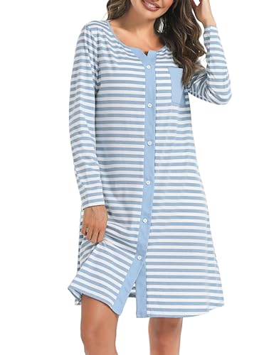 Marvmys Chemise De Nuit Femme Manches Longues Chemises De Nuit Femmes Col en V avec Boutons Devant Chemises De Nuit Vêtement De Nuit Doux Rayée Coton Manche...