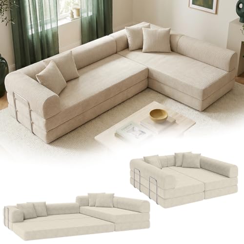 skølm Lofn Ecksofa 4 Sitzer – Wohnlandschaft L-Form aus Cord – Klappsofa 300cm breit Beige – ausklappbar zum Schlafsofa & Bodensofa – Vollschaum Sofa mit 4 Kissen & Stahlgestell – Cloud Couch boneless