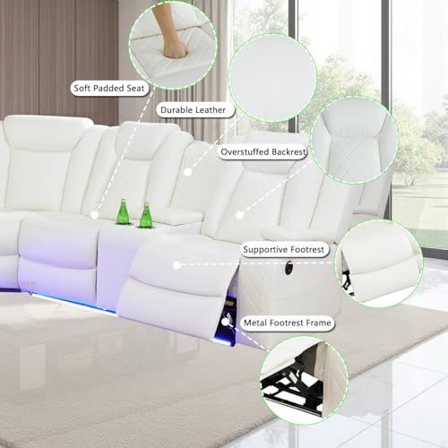 Image of Power Leather Recliner Sectional Sofa Set with LED Lights, Living Room Furniture Sets, L Shaped Reclining Sectional Couch and 3 Seats Sofa,Leather Couch with Coffee Table /Storage for Living Room