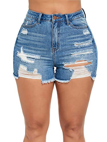 MakeMeChic Women's Casual Distressed Denim Shorts Ripped High Waist Jeans Shorts Blue M
