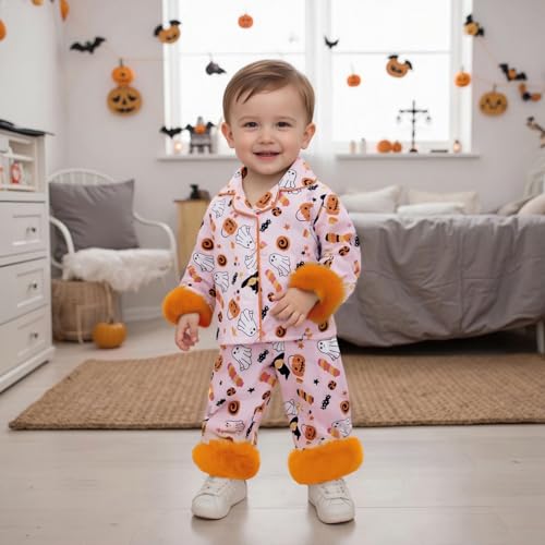 Baby Boy Girl Halloween Silk Pajamas Set Button Down Pumpkin Ghost Long Sleeve Shirts Tops and Pants Satin Pj Sets2