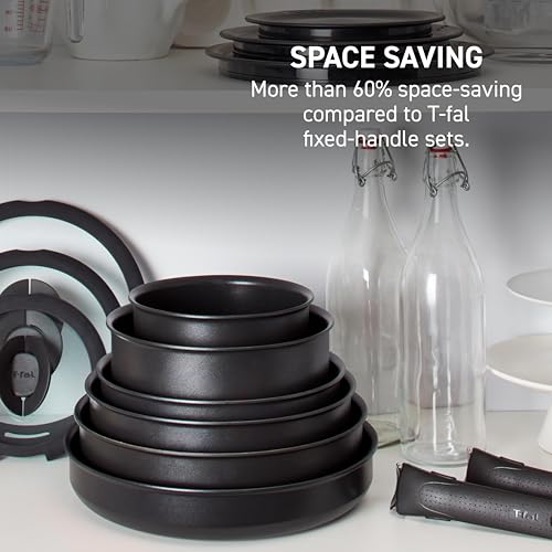 Image of T-fal Ingenio Expertise Non Stick Cookware Set 14 Piece, Induction, Oven Broiler Safe 500F, Cookware, Pots and Pans Set, RV, Camping, Kitchen Frying Pans, Dishwasher Safe, Detachable Handle Cherry Red