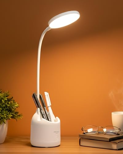 WEIRD WOLF Table Lamp for Study Room with Pen Holder & Mobile Stand | Rechargable 3 Colour Modes Led Desk Light | Adjustable Brightness | 1200mAh Batt
