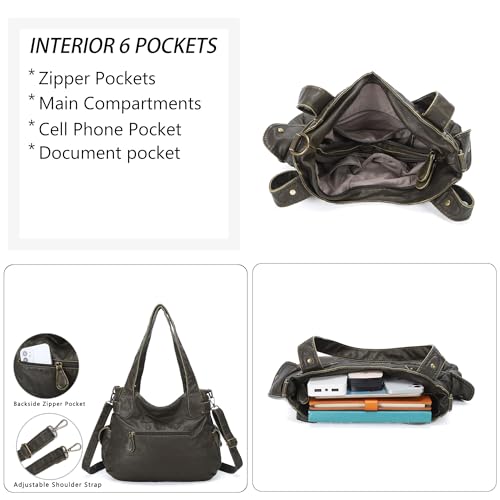 Image of Purses Women Handbags Large Double Zipper Multi Pocket Washed Shoulder Bags Purse with compartments Designer
