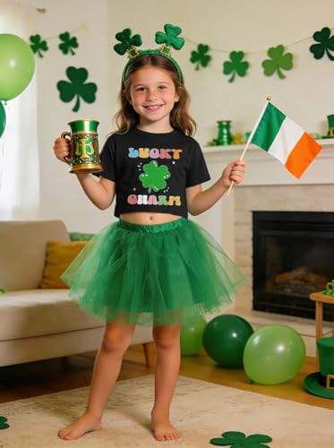 Image of Girls Crop Tops St Patricks Day T-Shirts Lucky Clover Short Sleeve Shirts Kids Shamrock Tees 5-14 Years