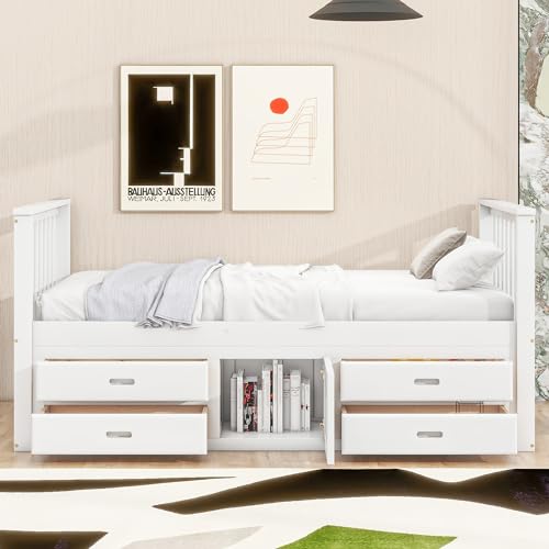 KecDuey Cama individual 90 x 200 cm, madera maciza de pino con 4 cajones, cama con somier, cama juvenil con armario de almacenamiento, cama de invitados