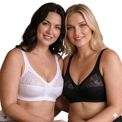 Image of COSHAL® 2 Non-Wired Lace Bras for Womens Soft Floral Cup Bra for Women Full Cups Straps Firm Control Satin Multipack Bra's White & Black Black/White 46D