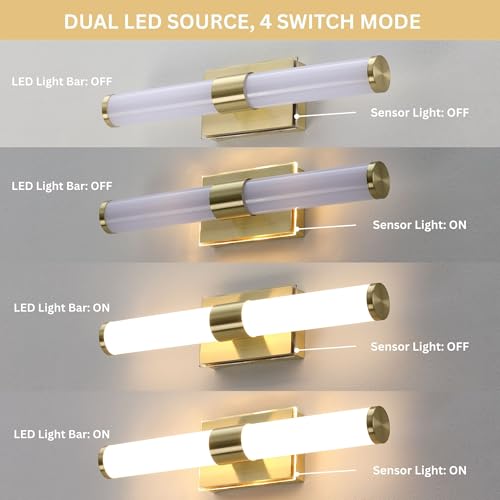 Image of 20 Inch LED Vanity Light Bar with Motion Sensor, Dual LED Source | 4 Lighting Modes (incl. Night Light) | 3000K Warm White, Dimmable, CRI 90+, 1040LM, ETL Listed (Brushed Gold)