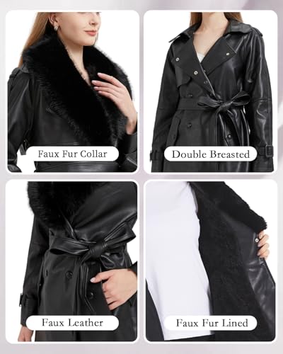 GRAN ORIENTE Women's Faux Leather Trench Coat Overcoat with Detachable Fur Collar,Winter Mid Length Pea Coat Belted Jacket4