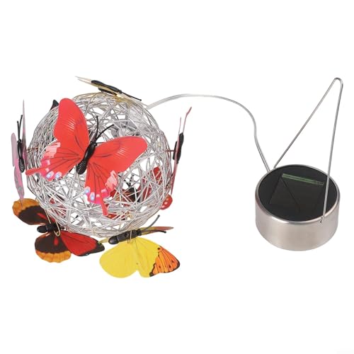 Lampada a sospensione a energia solare a forma di farfalla per decorazione giardino e cortile, sfera in ferro battuto con luce bianca calda, altezza 55 cm, illuminazione per esterni antiruggine