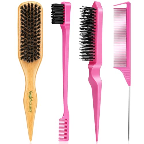 Boar Bristle Slick Back Hair Brush for Smooth Flyaways Frizz Sleek Ponytail Buns and Edge Baby Hair Teasing | Hair Comb Edge Brush Teasing Brush Rat Tail Comb for Girls Kids Women & Men