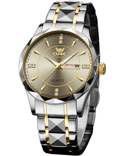 OPK Watches for Men Analog Quartz Two Tone Mens Dress Watch Stainless Steel Calendar Waterproof Luminous Wristwatch Gray Dial