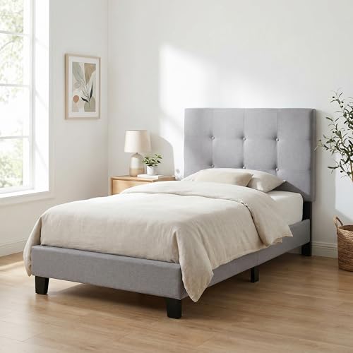 Furinno Laval Button Tufted Upholstered Platform Bed Frame, Twin, Glacier Furinno Laval Button Tufted Upholstered Platform Bed Frame, Twin, Glacier