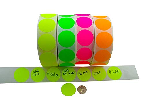 Circle Stickers Color Coding Labels Super Bright Fluorescent Neon Yellow, Green, Orange and Pink Round Circle Dots for Organizing Inventory 1.5 Inch 2,000 Total Adhesive Stickers (500 of Each Color)