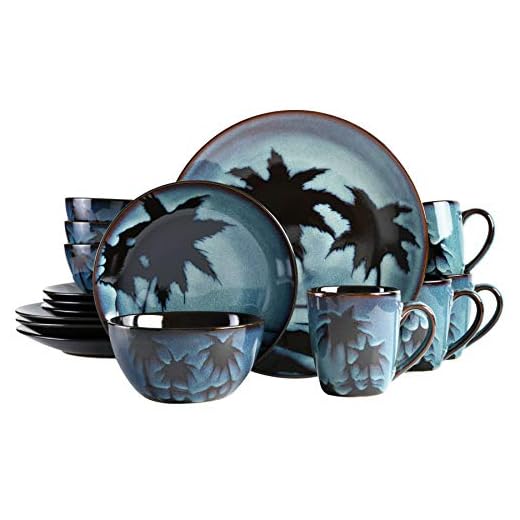 Gibson Elite Hand Painted Round Reactive Glaze Stoneware Dinnerware Set, Service for 4 (16pcs), Sunset Blue