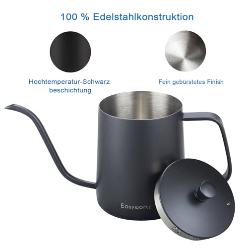Easyworkz Gage Gooseneck Pour Over Kaffeekanne 600ml, Edelstahl, Schwanenhals, Langer Auslauf, Handtropfkessel – Ansicht 4
