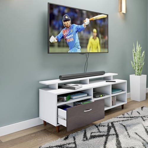 Image of VIKI Modern TV Unit for Living Room | Engineered Wood TV Cabinet with 1 Drawer Storage, 2 Open Shelves & Extension, Entertainment Unit, 140W x 48H x 40D cm | DIY | 1 Year Warranty (White & Wenge)