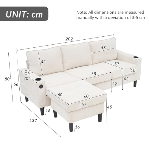 Arhatreya 3 Sitzer Sofa Gästesofa Modern Couch mit USB- und Typ-C-Anschlüssen, 3er Sitzsofa mit Zwei Getränkehaltern, L-förmiges Schlafsofa für Erwachsene, Schlafzimmer, Wohnung, Beige – Bild 3