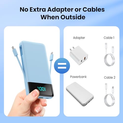 Image of Portable Charger for iPhone,13800mAh Slim Power Bank with Built-in Cables & AC Wall Plug,All in One 4 Outputs USB C Fast Charging Battery Pack Travel Essential for iPhone 17 /16 /15 /14,Android(Sky Blue)