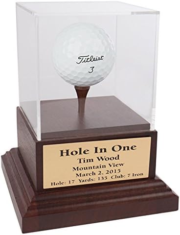 Acrylic Hole in One Golf Ball Display with Wood Base | Includes Engraved Plate | Cherry or Black Base | Removable Top | Made in The USA