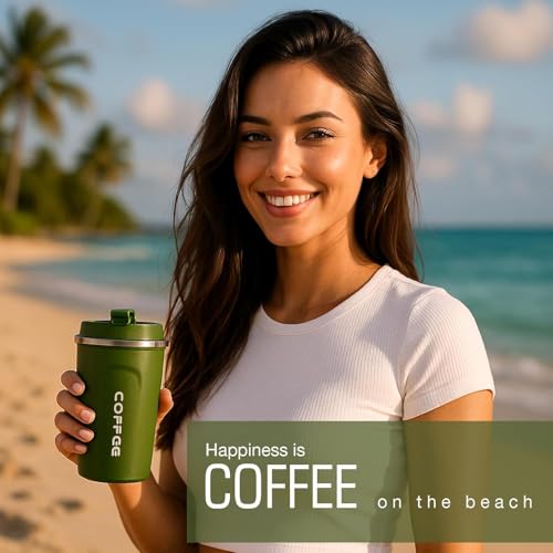 Image of Stvin 380ml Insulated Coffee Mug Travel, Stainless Steel Tumbler with Leak-Proof Lid, Reusable Thermal Cup for Hot & Cold Drinks, Car, Office, Camping & More (Green)