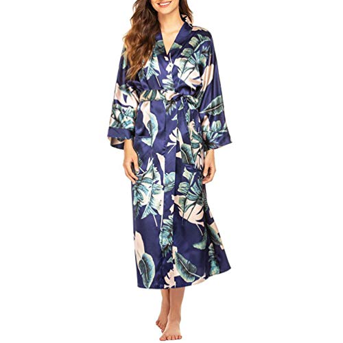 KESYOO robe feminino de cetim de manga comprida para dormir quimono vestido com gola em V para noiva