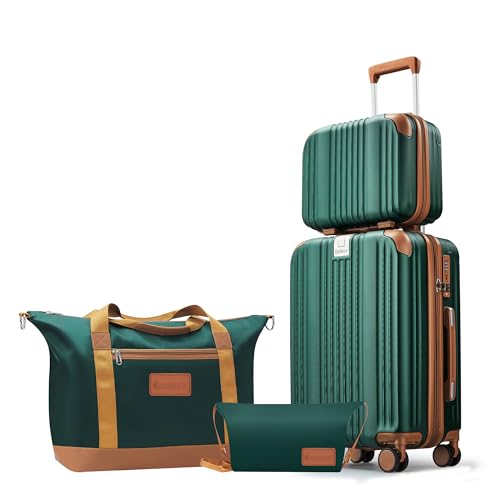 Image of Luggage Set 3 Piece Luggage with PC+ABS Hardshell TSA Lock Spinner Wheels Carry on Lightweight Suitcase Cup Holder，YKK Zippers and Hoot (Dark Green, 4 piece（14 /20 /DB /TB）)