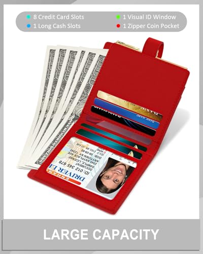Womens Wallet, RFID Small Slim Wallets for Women, Compact Credit Card Holder, Cute Leather Bifold Ladies Purse with Zipper Coin Pocket and ID Window, Red3