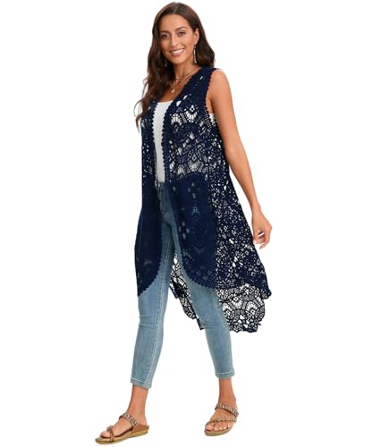 Image of Women's Crochet Long Vest Sleeveless Lace Cardigan Hollow Out Kimino Cover Up