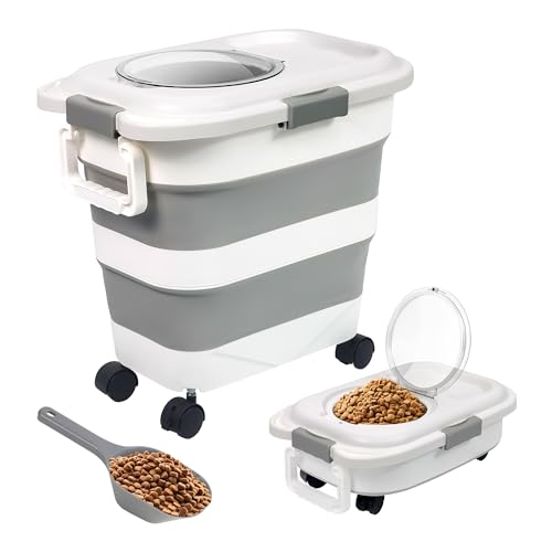 Adorabby Dog Food Storage Container, 25-30Lbs Travel Collapsible Pet Food Container with Airtight Lids, Wheels, Scoop, Handle for Dog/Cat/Bird/Rice Food,Keep Dry Food Fresh,Easy to Move, White by Adorabby - Used condition - CA$25.47