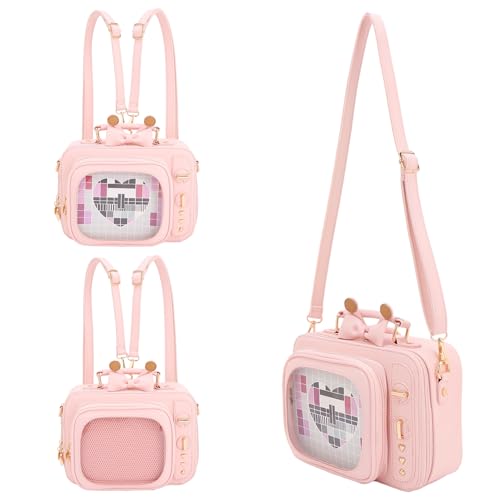 Image of Women TV Shape Ita Bag Pink Television Shoulder Bag Design Ita Backpack Unique female Clear Window Anime Pins Display Crossbody Bag（pure pink）