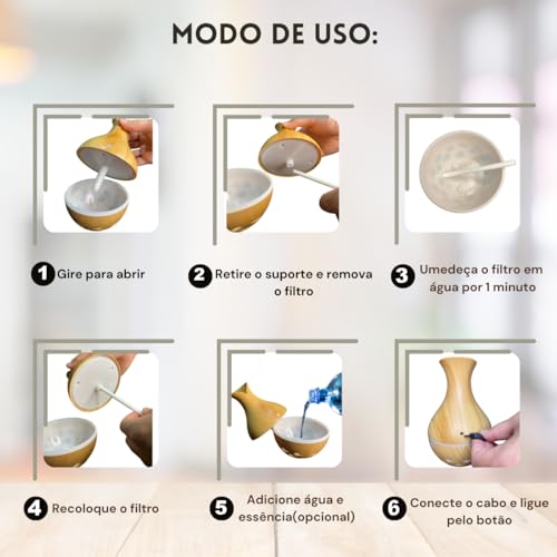 Umidificador de Ar 300ML Ultrassônico Na Cor Madeira Clara Com 4 Cores de Led Portátil, Aromatizador