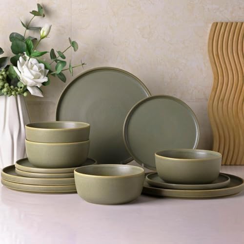 La Mejor Lista de Vajilla ceramica los 10 mejores. 50 AmorArc - Juego de vajilla de gres de 4, platos y cuencos de cerámica reactiva, resistente a las virutas y grietas, apto para lavaplatos y microondas, juego de platos para 4 (12...