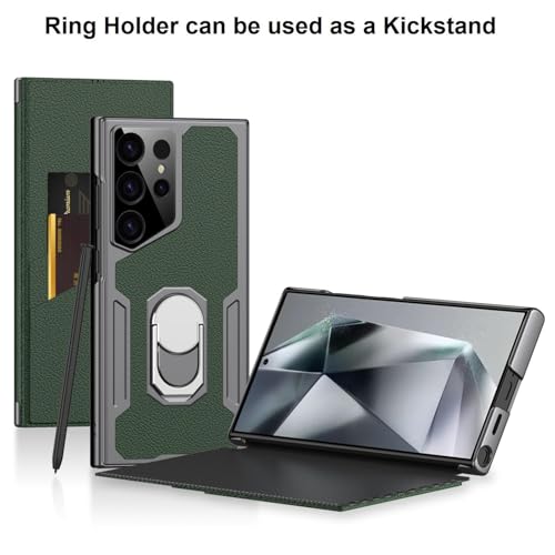 Image of Midkart Leather Flip Case Compatible with Samsung Galaxy S23 Ultra with Ring Holder Kickstand Card Holder Inner Hard PC Full Body and Camera Protection Case, Green
