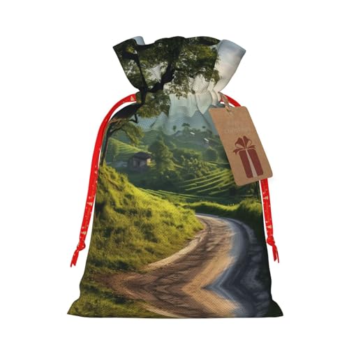 Countryside Road Xmas Burlap Bag Christmas Drawstring Bag Holiday New Year Party Home Office Packaging